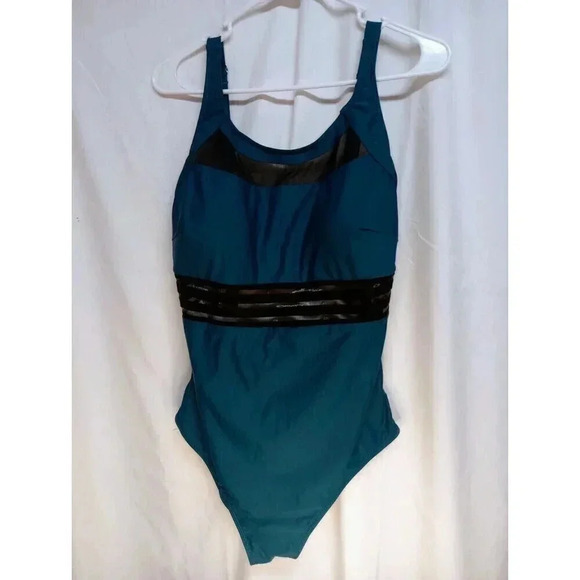NWT Daci Teal & Black Illusion Waist Swimsuit Built in Cups Lined Front Size 14W - Picture 1 of 3